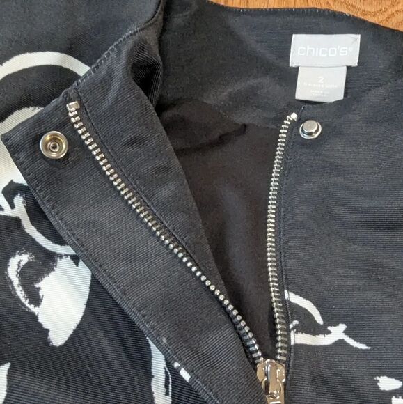 Chico’s Floral Drama Long Jacket Coat Black White Print Size 2 (12/14) - Picture 6 of 13